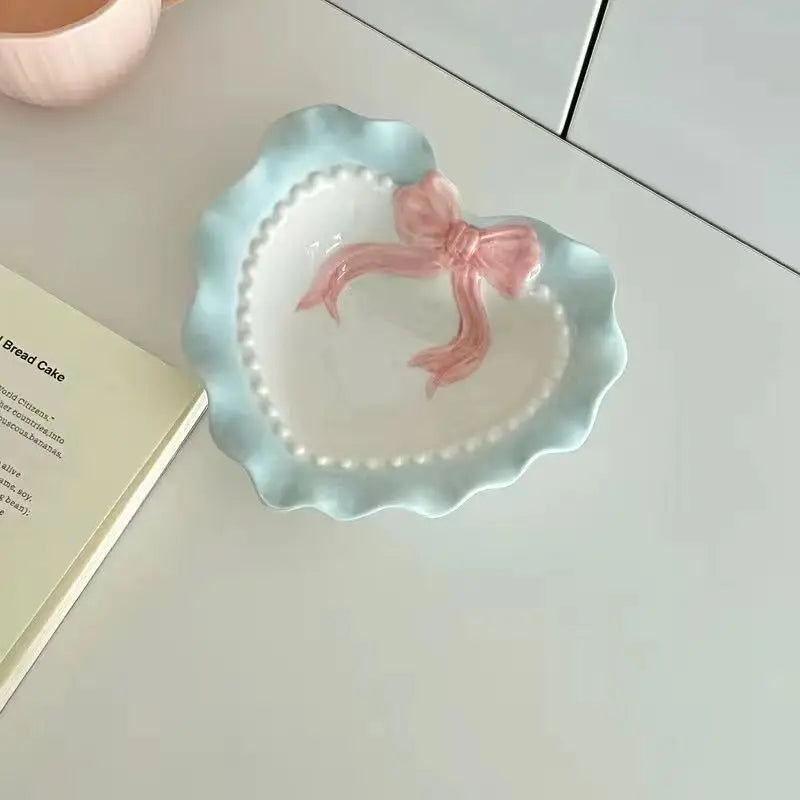 Cute Wave Edge Bow Knot Love Wave Dot Ceramic Lace Girl Tableware