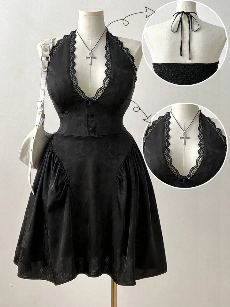 Plus Size New French Jacquard Neck Sexy Dress Solid Color V-Neck Lace Lace Back Cutout Polyester Material