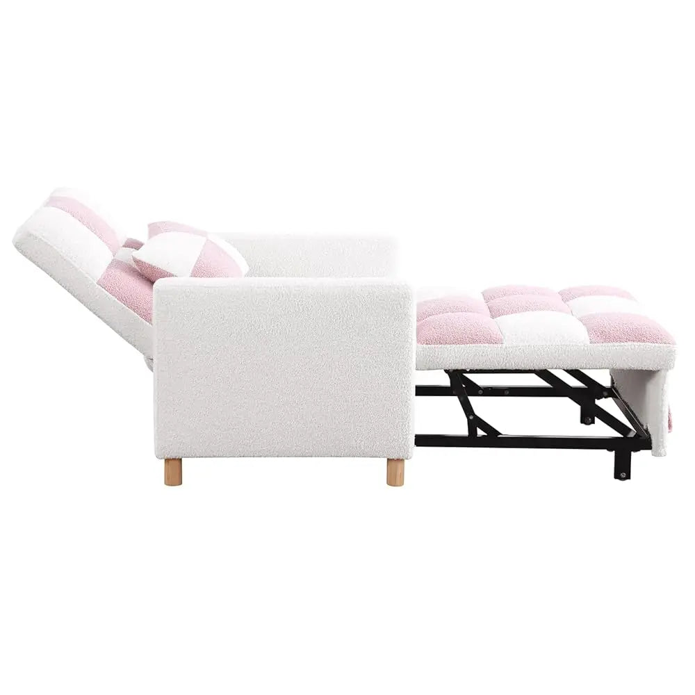 Pink Convertible Sleeper Chair, 3-In-1 Sleeper Chair Pull-Out Bed For Small Space, Soft Teddy Fabric, Sturdy Metal Frame