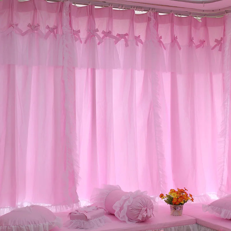 Princess Style Window Curtains, Cotton, Pink Lace, 2 Layer Curtain