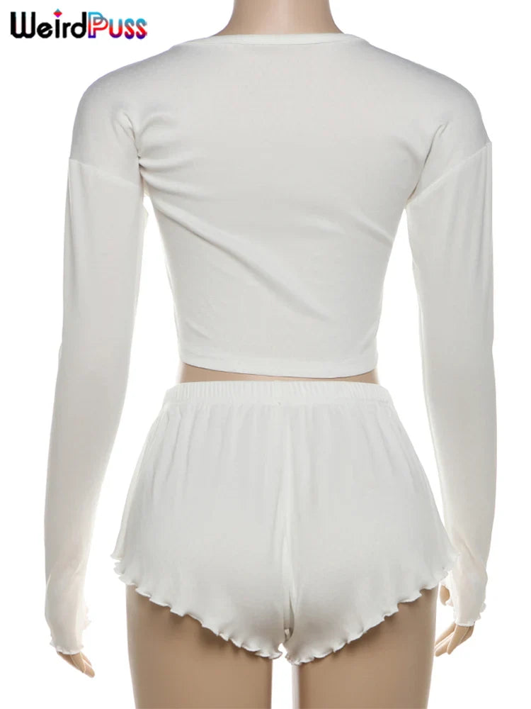 Solid 2 Piece Set Long Sleeve Single Breasted Crop Tops+Ruffles Simple Thin Mini Short Suit