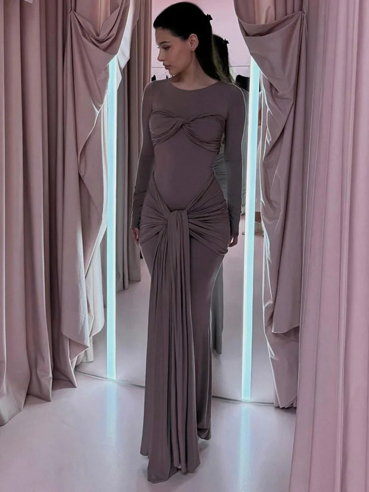 Female Pleated Sexy Maxi Dress Patchwork Twist Slim Long Sleeve Solid Women's Bodycon Dress