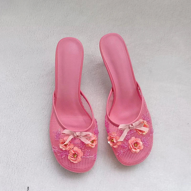 Summer Mesh Flower Beads Women Slides Sexy Thin Heel Sandals