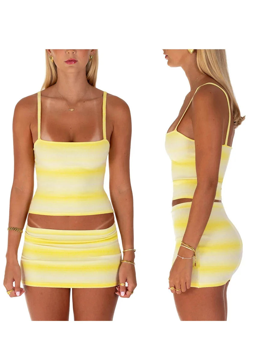 Women's 2 Pieces Summer Skirt Sets Gradient Striped Square Neck Sleeveless Crop Cami Tops Low Waist Mini Skirt