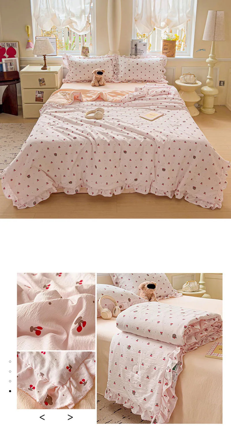 Korean Quilt with Lace and Ruffle Pure Cotton Patchwork Comforter for Summer Skin-Friendly Breathable Cooling Blanket for Home