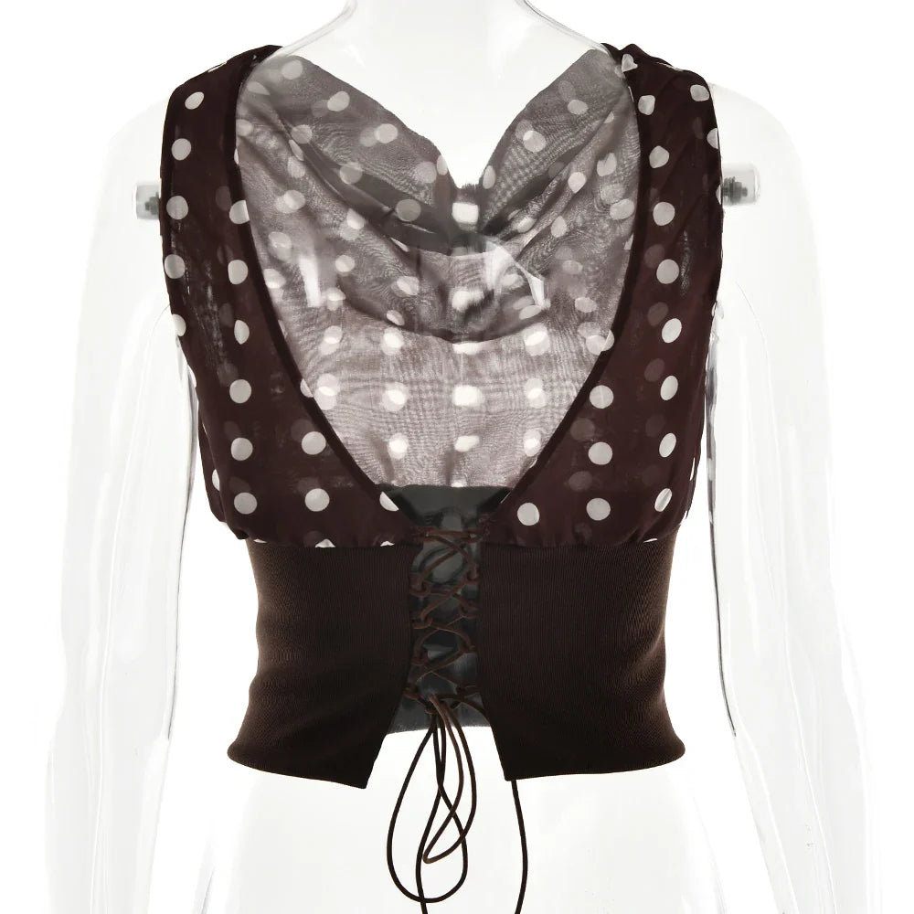 Sexy Off Shoulder Print Polka Dot Women Top White Patchwork Backless Bandage Top Female Spring Slim Casual Streetwear