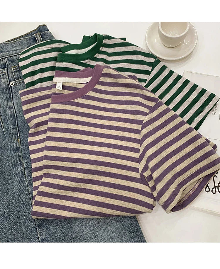 Summer Short Sleeve Striped T-Shirts Versatile Women Knitted Basic Casual Tops Female Cozy Loose Cotton Tees