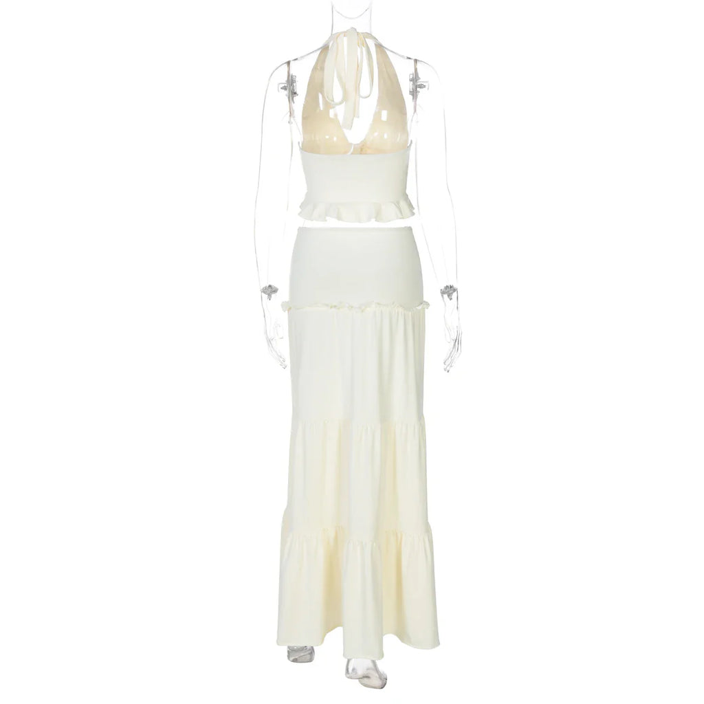 Sexy Elegant Ruched 2 Piece Skirt Set Lace Up Ruffles Patchwork Crop Top Tiered Maxi Skirt Matching Set