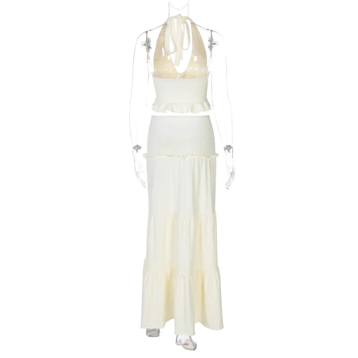 Sexy Elegant Ruched 2 Piece Skirt Set Lace Up Ruffles Patchwork Crop Top Tiered Maxi Skirt Matching Set