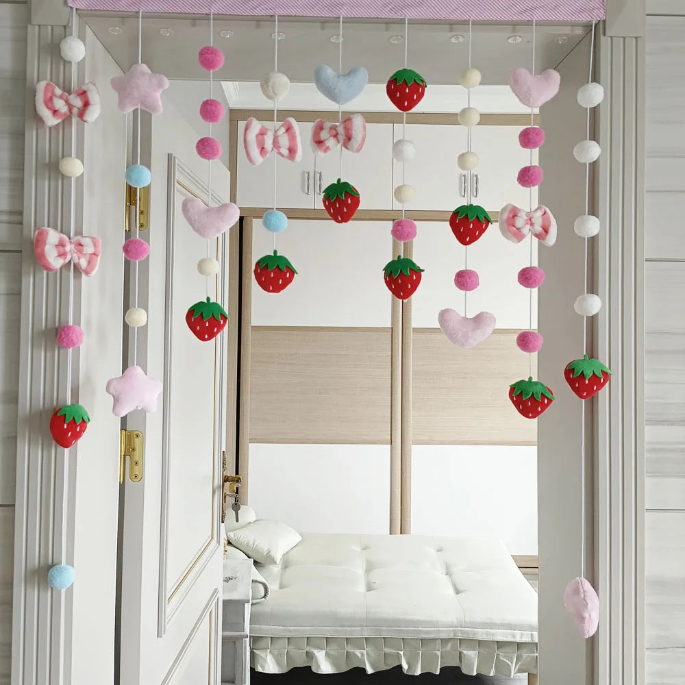 Pink Kawaii Doorway Curtains Plush Strawberry Ball Door Curtain Pendant Melody Bedroom Partition Window Valance Decor Christmas