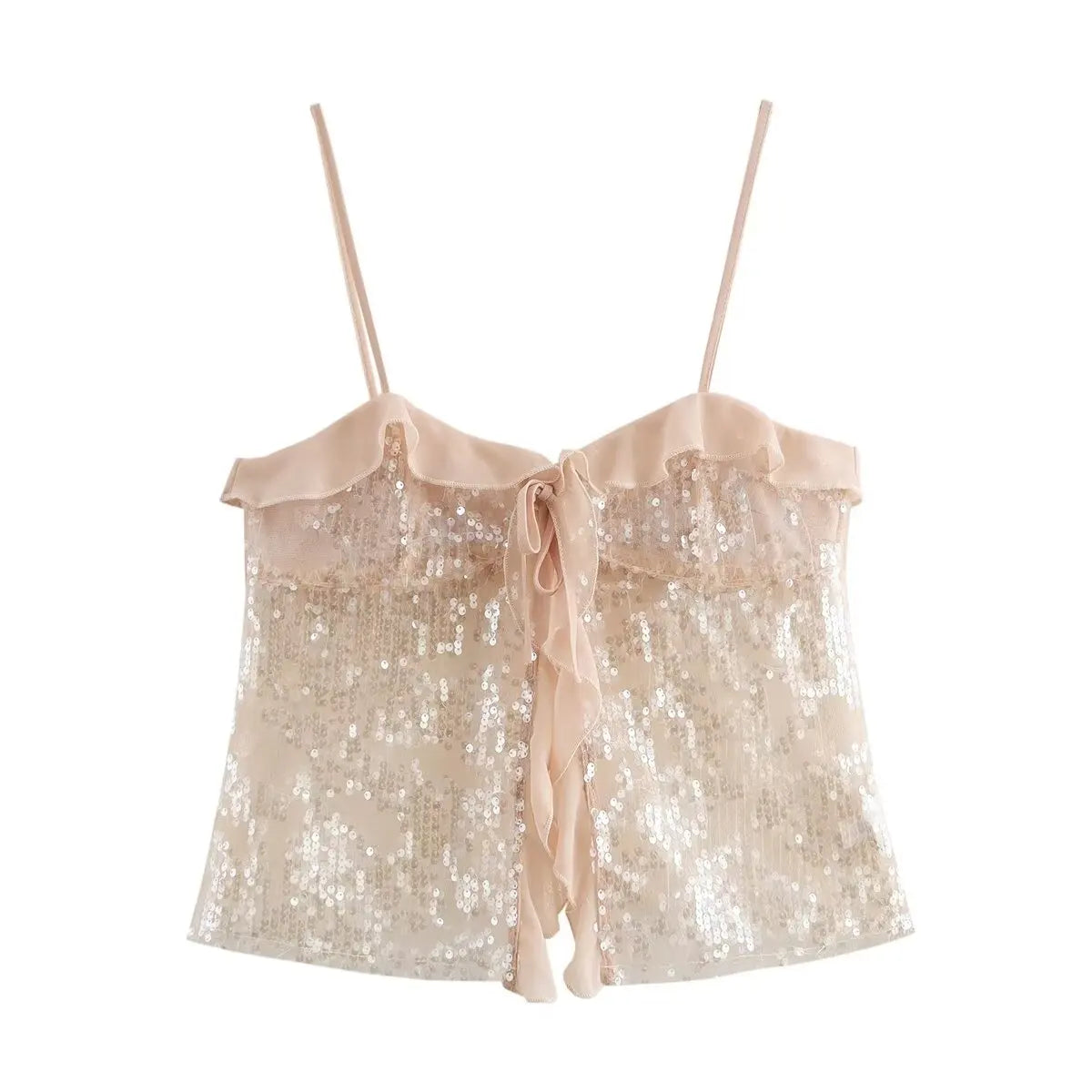 Women Chic Pleat Ruffles Sequined Design Chiffon Sling Camis Tank Lady Backless Short Crop Shirt Blouse Tops