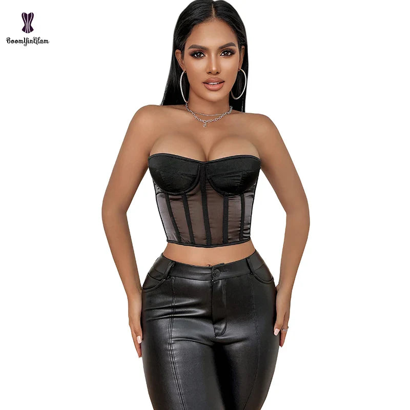 Summer Translucent Corset Women's Mesh Crop Top Black Padded Bra Bustier