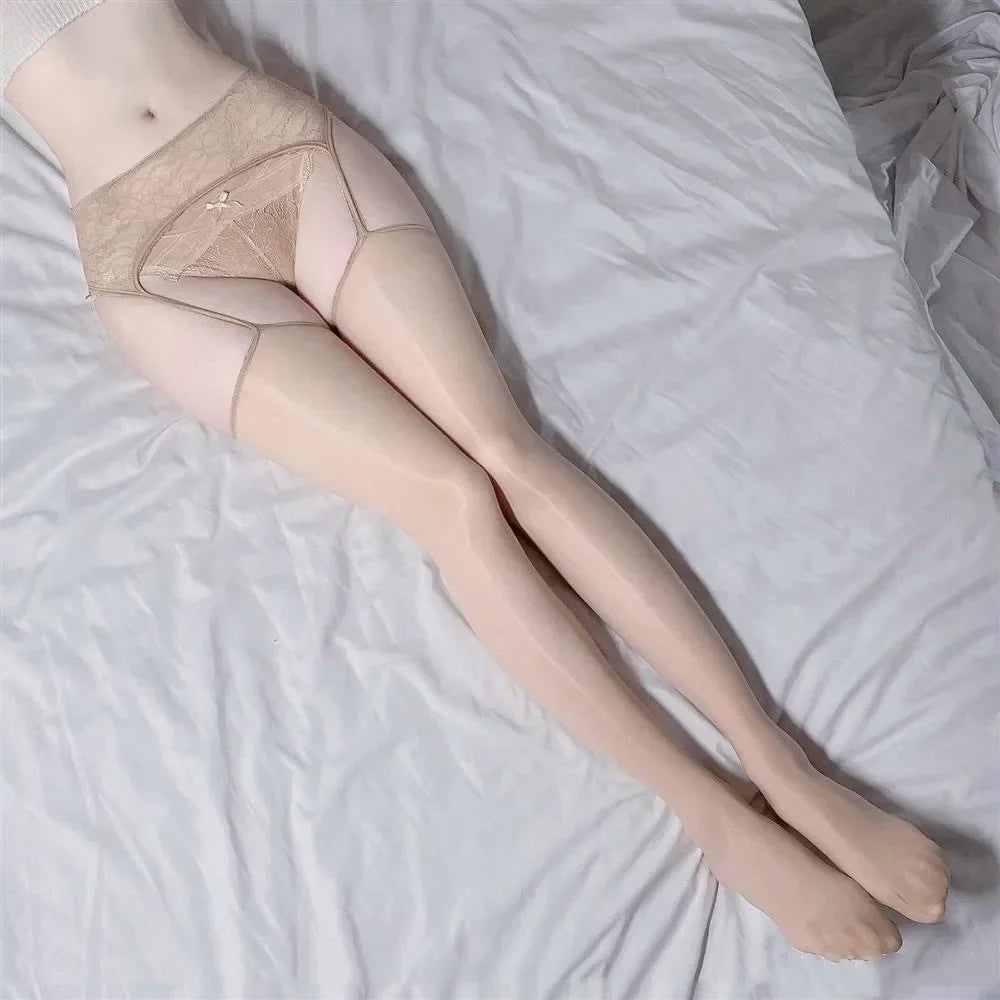 Lace Garter One-piece High Waist Stockings Hollow Oil Shiny Silk Smooth Sexy Pantyhose with Garters