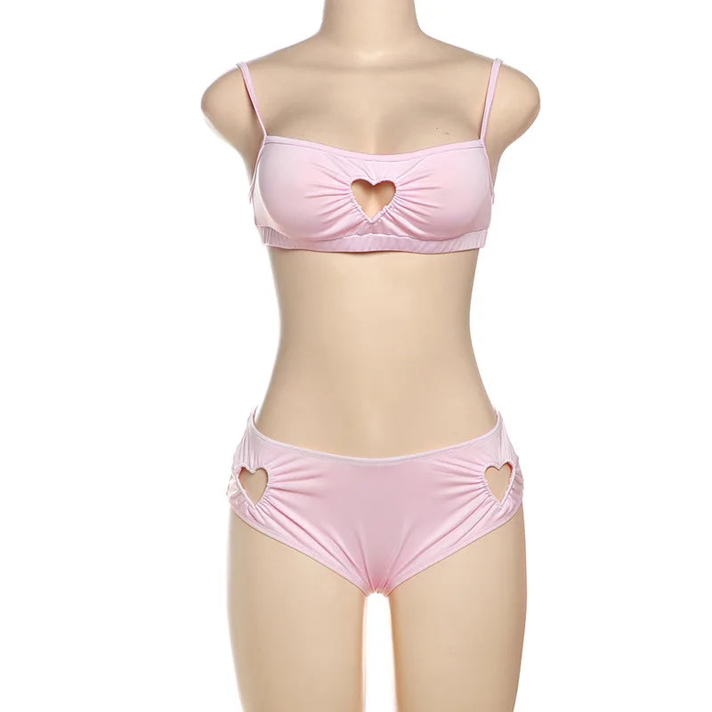 Women Sweet Pink Hollowed-out Heart Two Piece Set