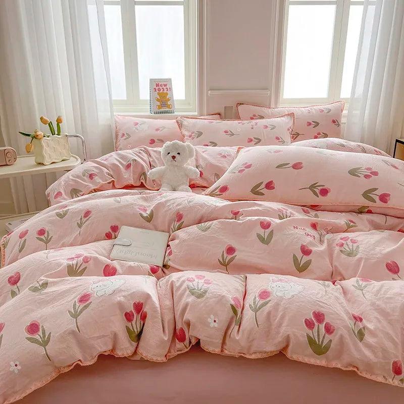 Tulip Double Layer Yarn Quilt Cover Bed Sheet Pillowcase Bedding Set Girls Duvet Cover Set No Filler