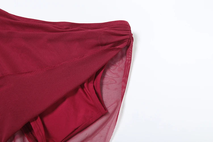 Irregular 2 Piece Set Women Double Deck Mesh Diagonal Collar Tank Top+Ruched Maxi Skirts Matching Outfit