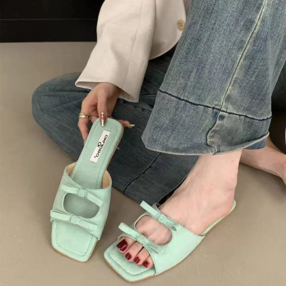 Fashion Butterfly-Knot Ladies Flats Slippers Square Toe Summer Slides Slippers Sandals Shoes For Women