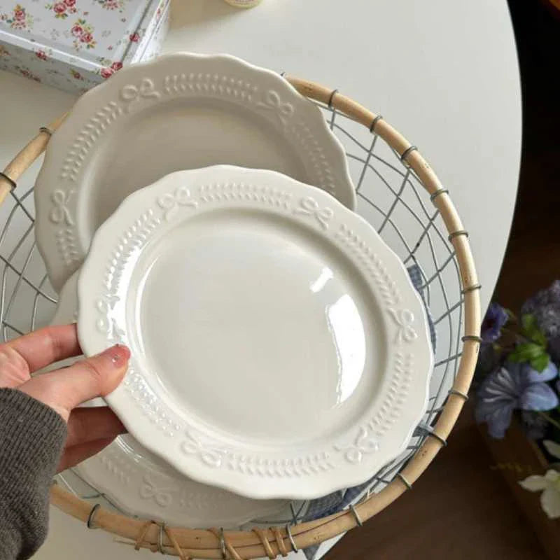 White Bow Embossed Ceramic Plate Dish Simple Dessert Disc 20.5cm Tableware