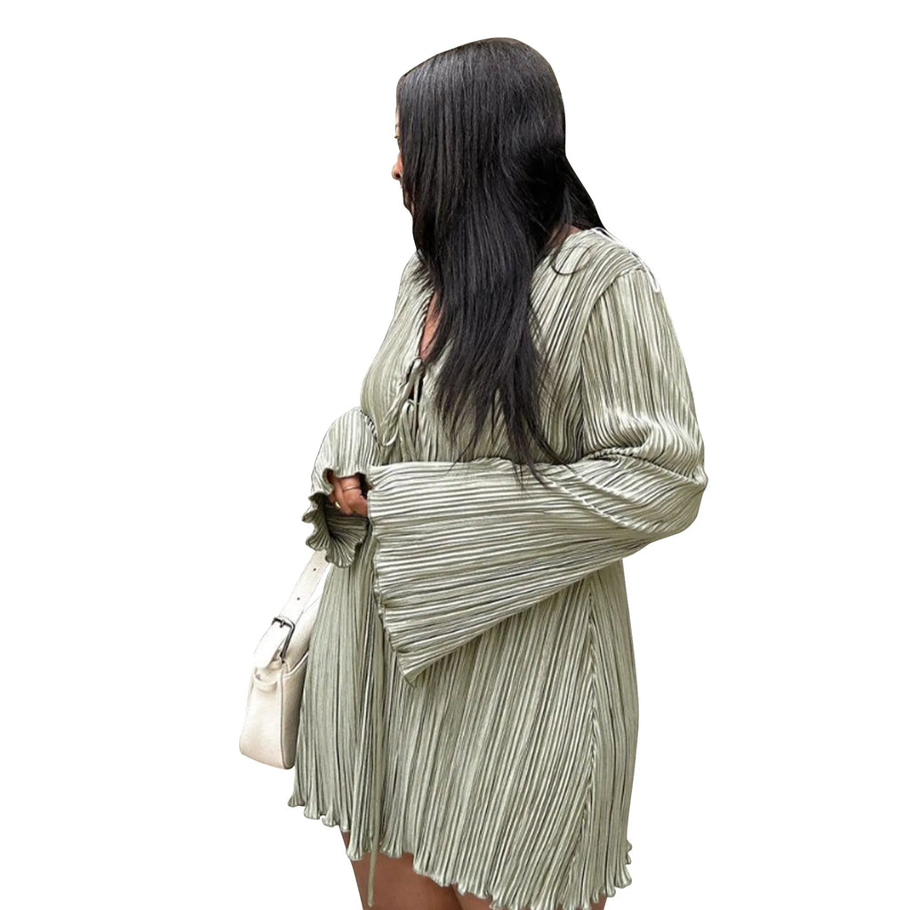 Long Sleeve Women V-neck Pleated Dress Casual Streetwear Plus Size Mini Dresses Party Casual