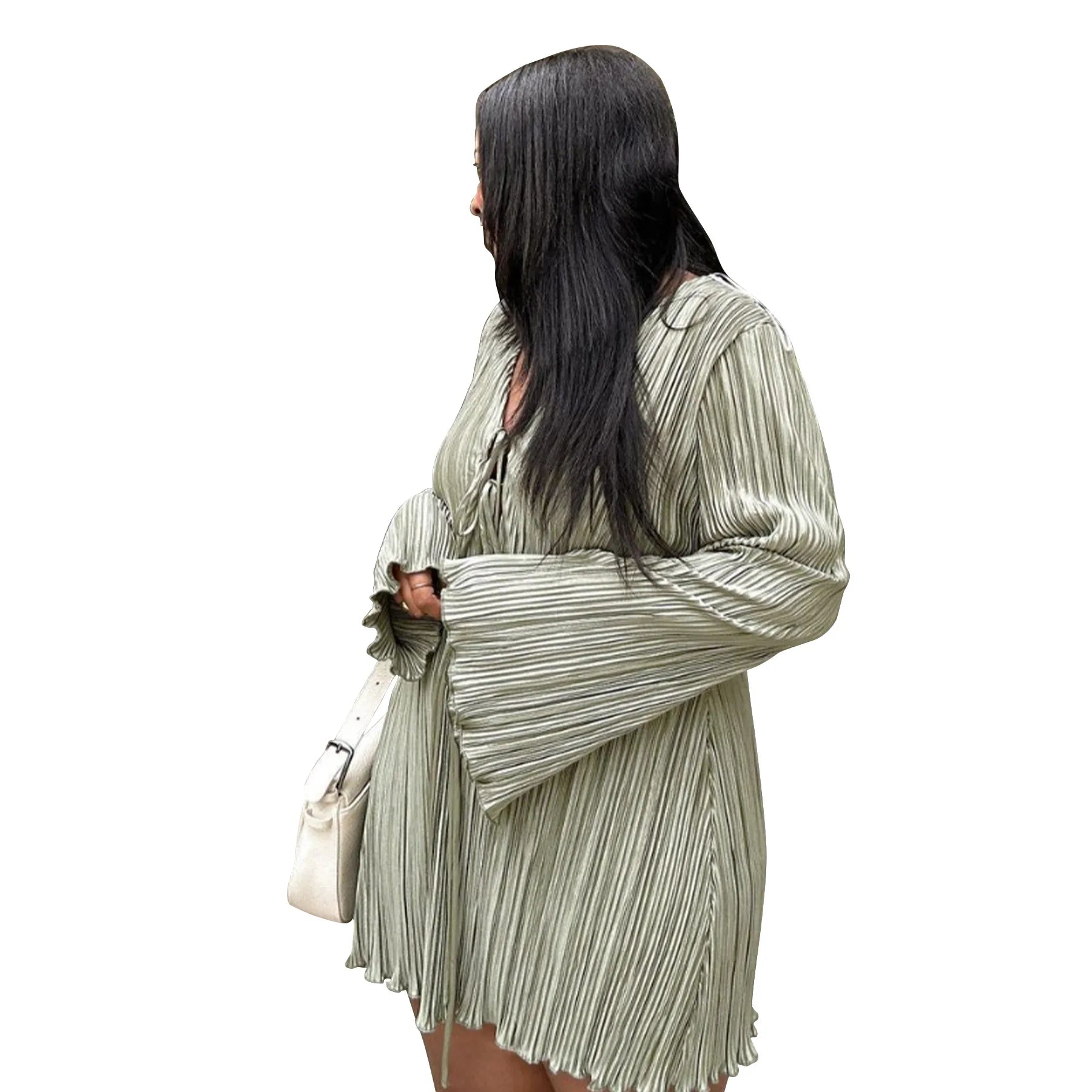 Long Sleeve Women V-neck Pleated Dress Casual Streetwear Plus Size Mini Dresses Party Casual