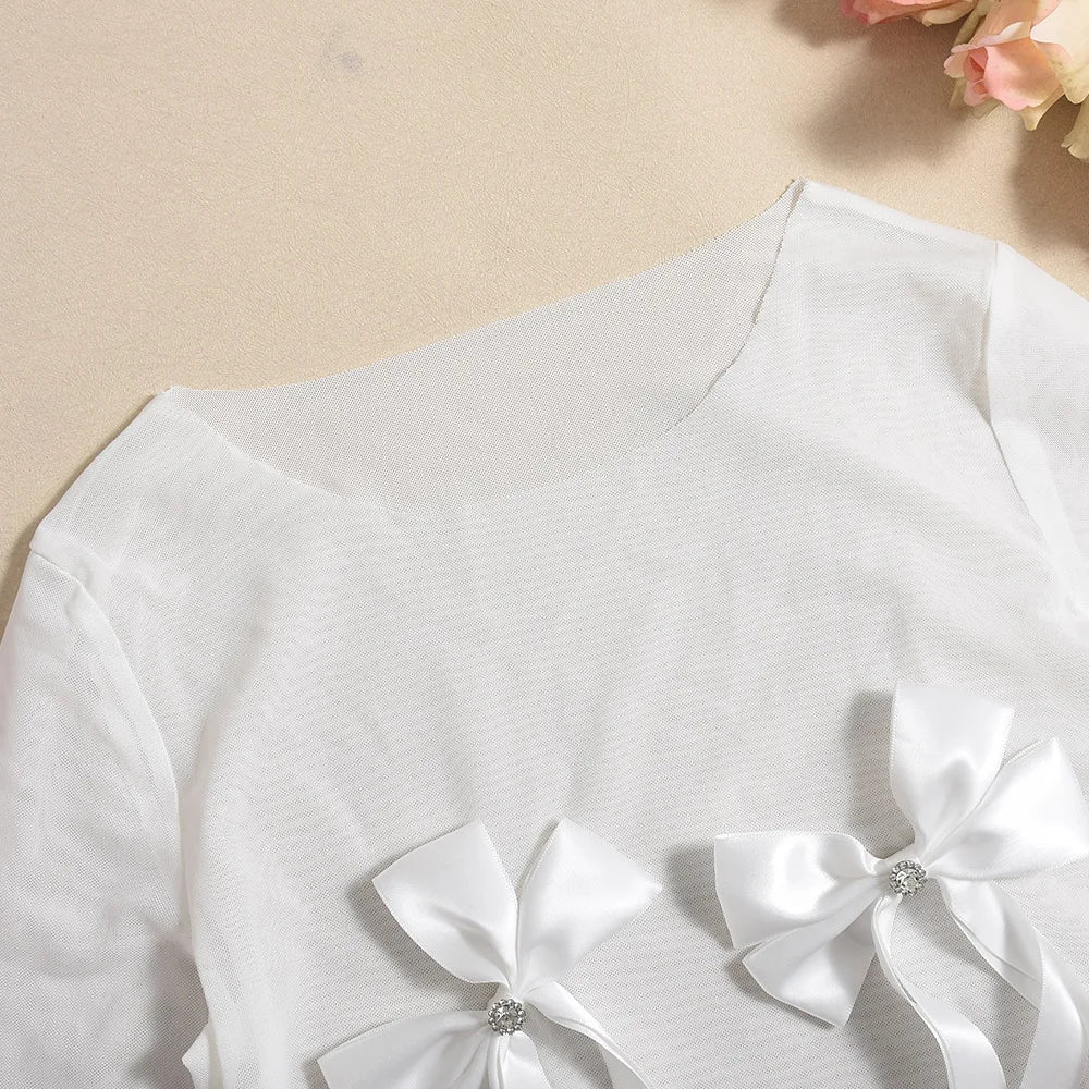 Women's Set Bow O-Neck Mesh Long Sleeve Tops + Velvet Shorts Sexy Two 2 Piece Outfit