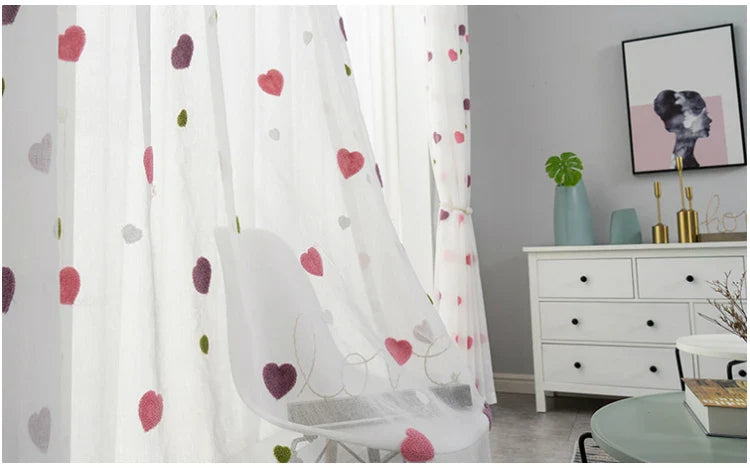 Lovely Cartoon 3D Pink Heart Embroidery Tulle For Girl Bedroom Cute Lovely Sheer Curtains Drapes