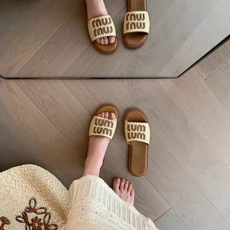 Vintage Woven Women's Sandals Fashion Letter Woven Flat Slippers