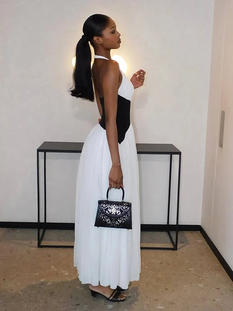 Contrast Patchwork Women Halter Low-Neck Backless Ruched Ruffles Hem Elegant Long Body-con Dress