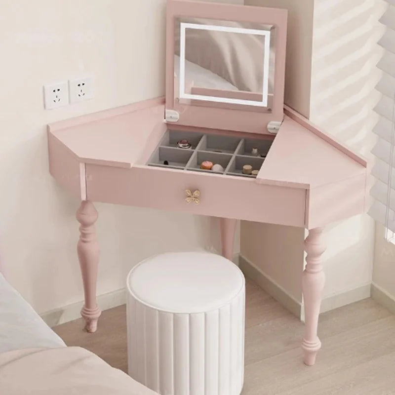 Small Pink Makeup Vanity Table with Mirror and Drawers for Bedroom Storage - Stylish Coiffeuse Furniture