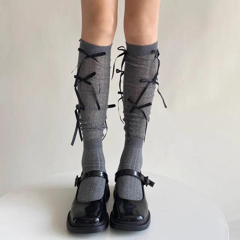 Sweet Lolita Style Stockings Students Fashion Basic Bowknot Knee-high Socks Cotton Fabric Women Mid-calf Sock