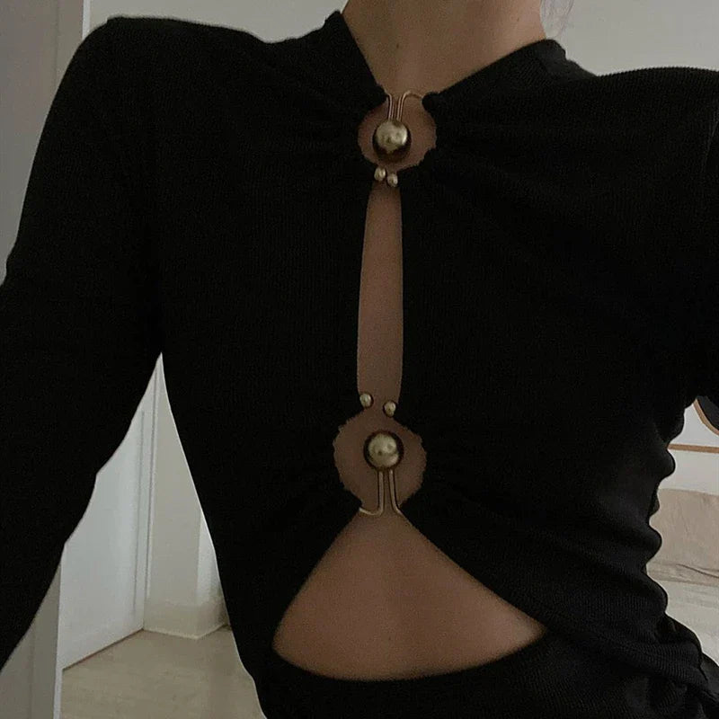 Sexy Hollow Out Long Sleeve Bodysuit Metal Ring Connection Fashion Folds Women Bodice Black Bodycon Top