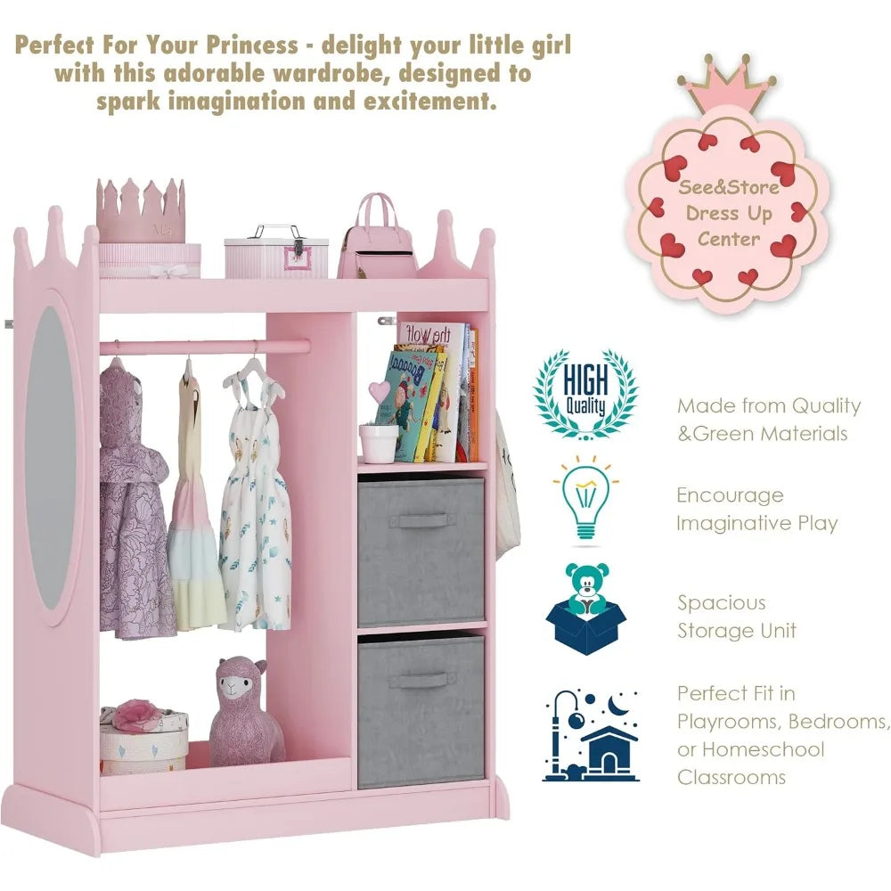 Kids Armoire Wardrobe Closet with Mirror and Storage Bin, Pink,  33.4 in W x 15.75 in D x 44.5 in H