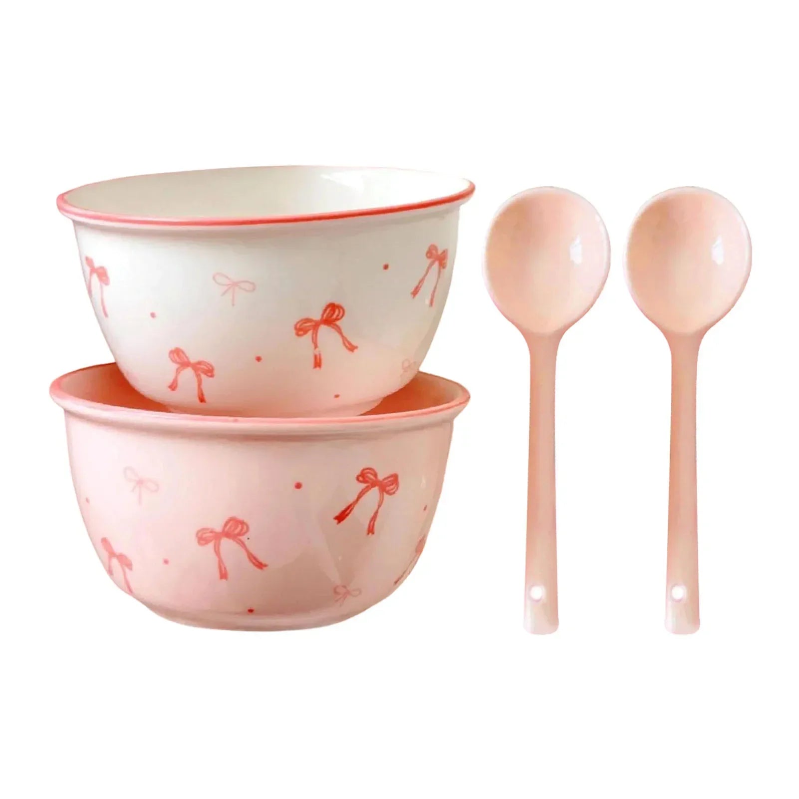 Pink Bow Bowls Cute Underglaze Colored Bowknot Ceramic Rice Bowl With Spoons