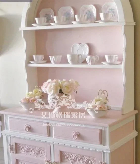 French Solid Wood Carving Flower Bookcase Dining Side Pink Princess Cabinet