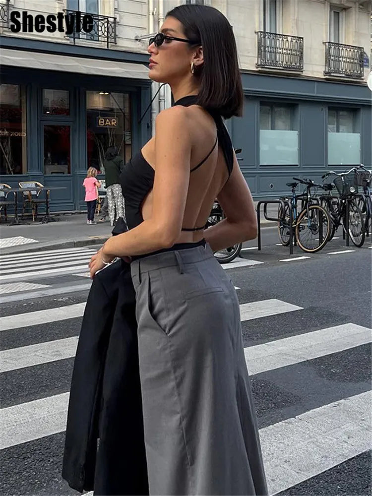 Cross Spaghetti Strap Black Bodysuit Women Cleavage Backless Sexy Solid Camisole Thong