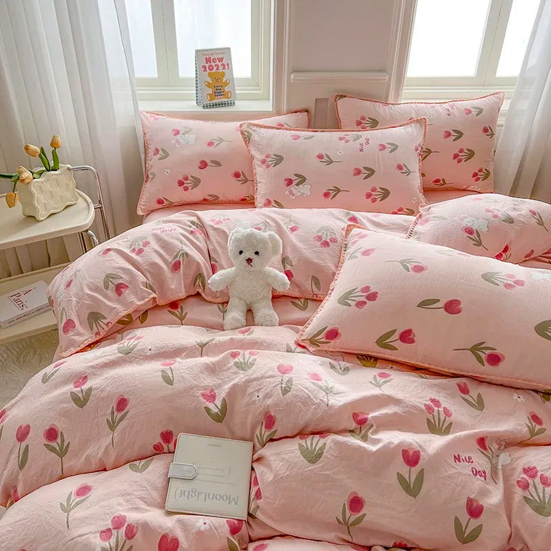 Tulip Double Layer Yarn Quilt Cover Bed Sheet Pillowcase Bedding Set Girls Duvet Cover Set No Filler