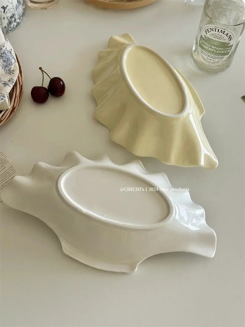 French Vintage Relief Ceramic Big Shell Shaped Dish