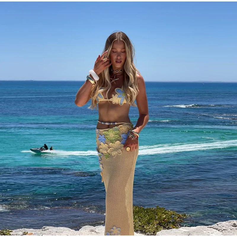 Sexy Beach Women's Set Beading Flower Crochet Crop Top Slim Maxi Skirt Female Suit Summer Hollow Out Knit Lady Dress Sets