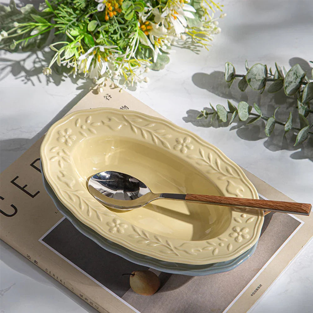 Glossy Solid Ceramic Serving Plate Floral Print Cute Bowl Versatile Dishes Simple Kitchen Tablewares