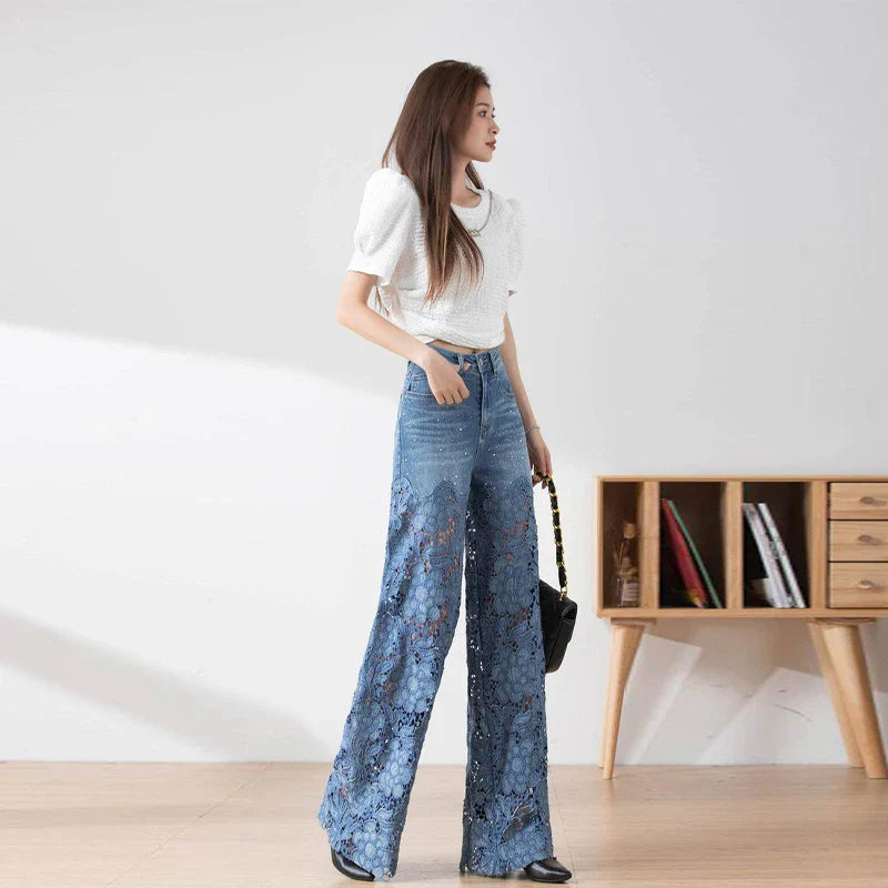 Vintage Hollow Out Lace Flowers Lady Jeans Loose Straight Denim Pants High Street Elegant Summer New Trousers Chic Fashion Pant