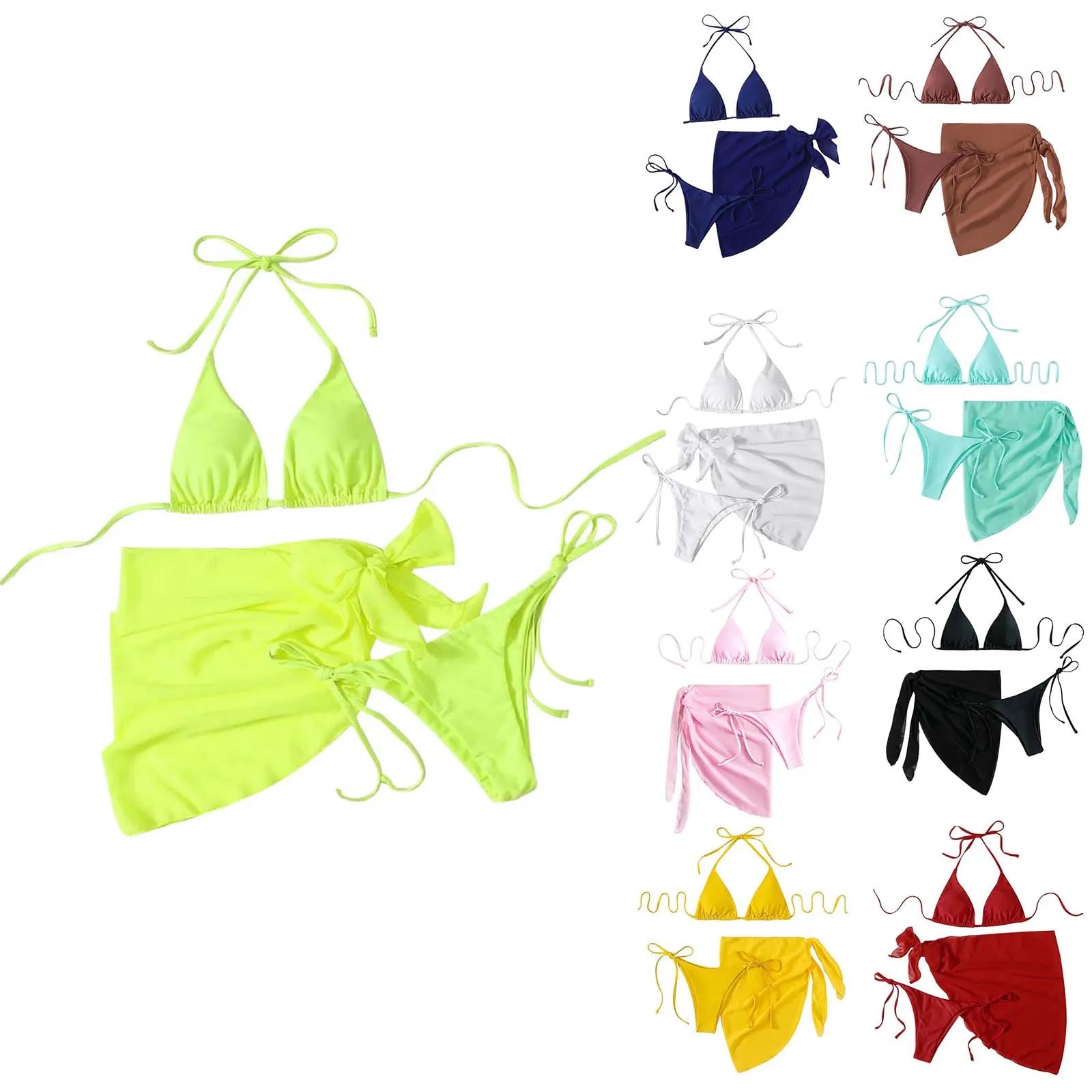 Women Push Up Bikinis Set 3 Piece Mesh Skirts Kontted Bathing Suit Beachwear