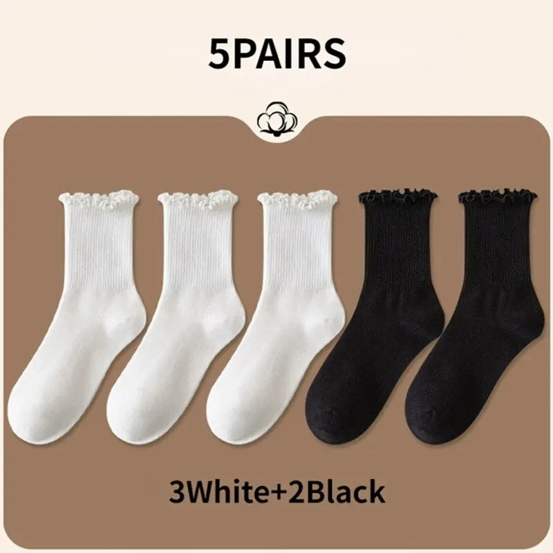 Pairs Lot Socks for Women Ruffle Middle Tube Ankle Short Breathable Black White Set Spring Autumn
