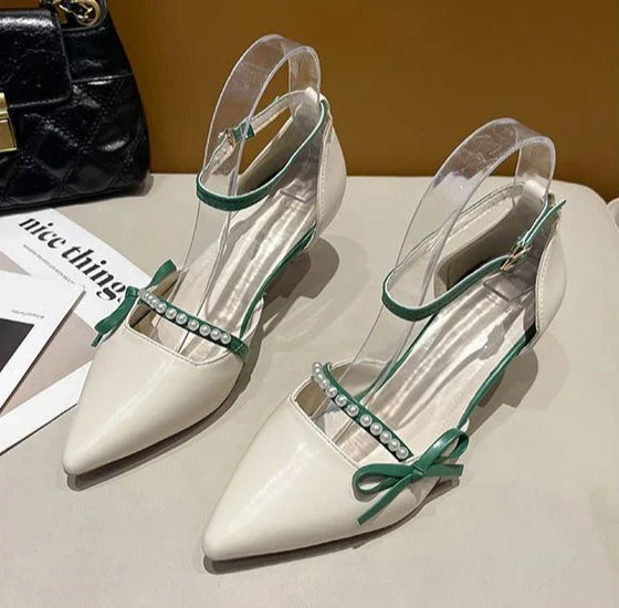Women Pearl Pumps Heeled Pointed Toe with Side Bowknot