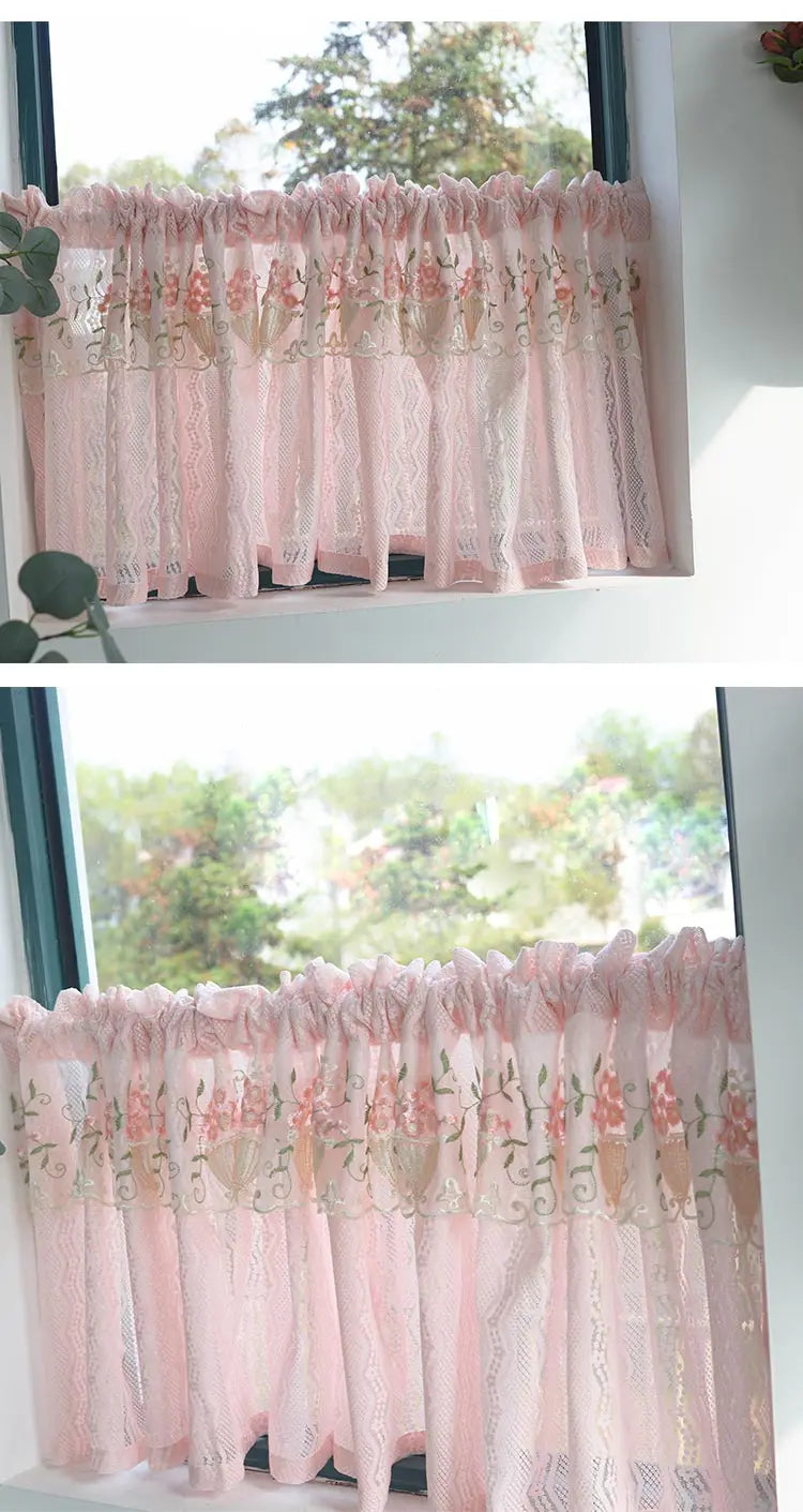 Pink Small Window Short Curtain Embroidery Floral Lace Half Window Curtains Sheer Tulle Home Decoration