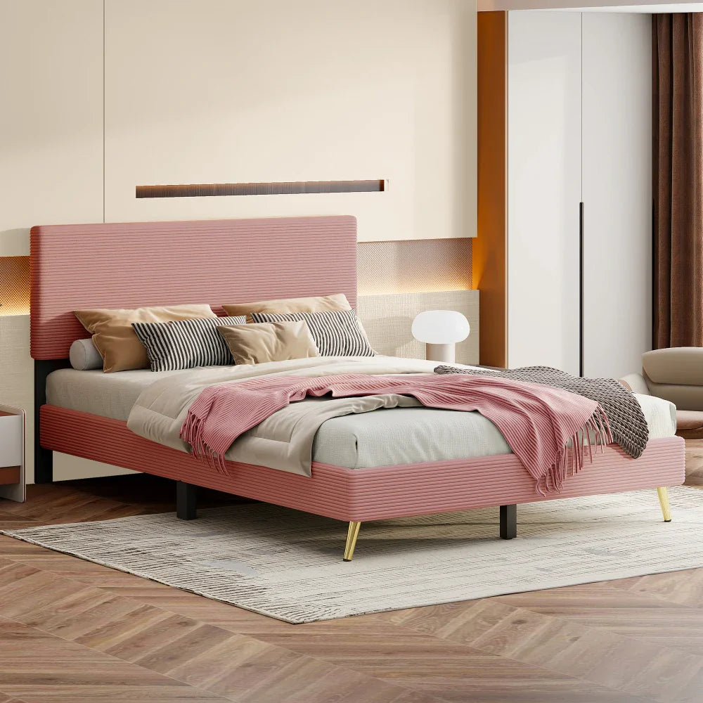 Pink 2 Pieces Bedroom Sets Queen Size Upholstered Bed Frame, Modern Corduroy Storage Ottoman