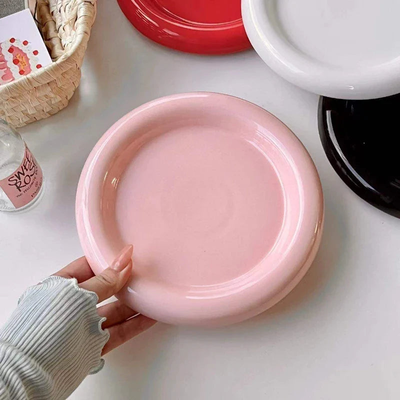 Round Ceramic Food Plate High-end Pure Color Desser Plate