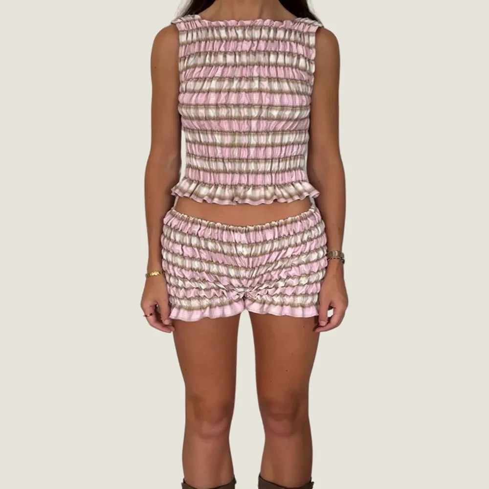 Women Vintage Two Piece Outfits Shorts Sets Ruffles Ruched Sleeveless Crop Tank Tops Low Waist Bloomer Shorts Loungwear