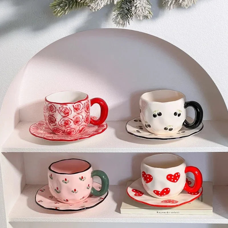 Ceramic Coffe Mug Hand Pinched Irregular Hand-painted Love Heart Cherry Pattern Cup with Saucer