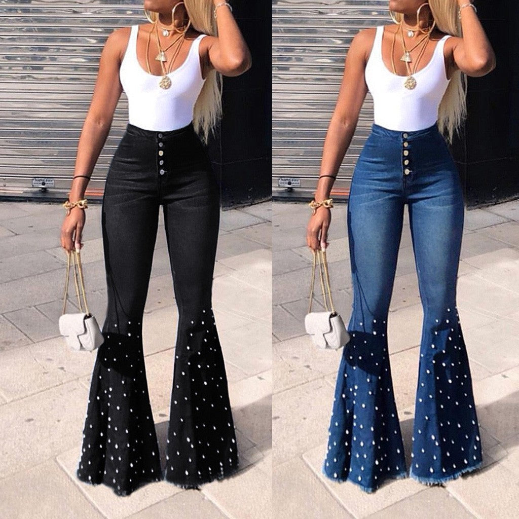 Denim High Waist Jeans Button Tassel Pants Trousers Bell-Bottom Pants Loose Straight Jeans