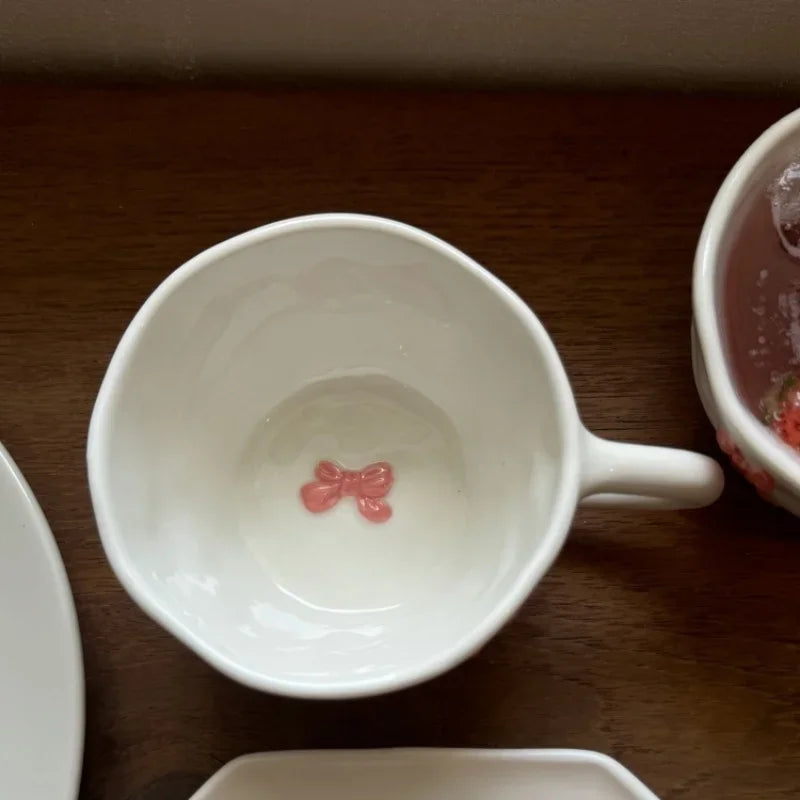 Hand Pinched Irregular Ceramic Hand-drawn Daisy Milk Tea Cup Pink Bow